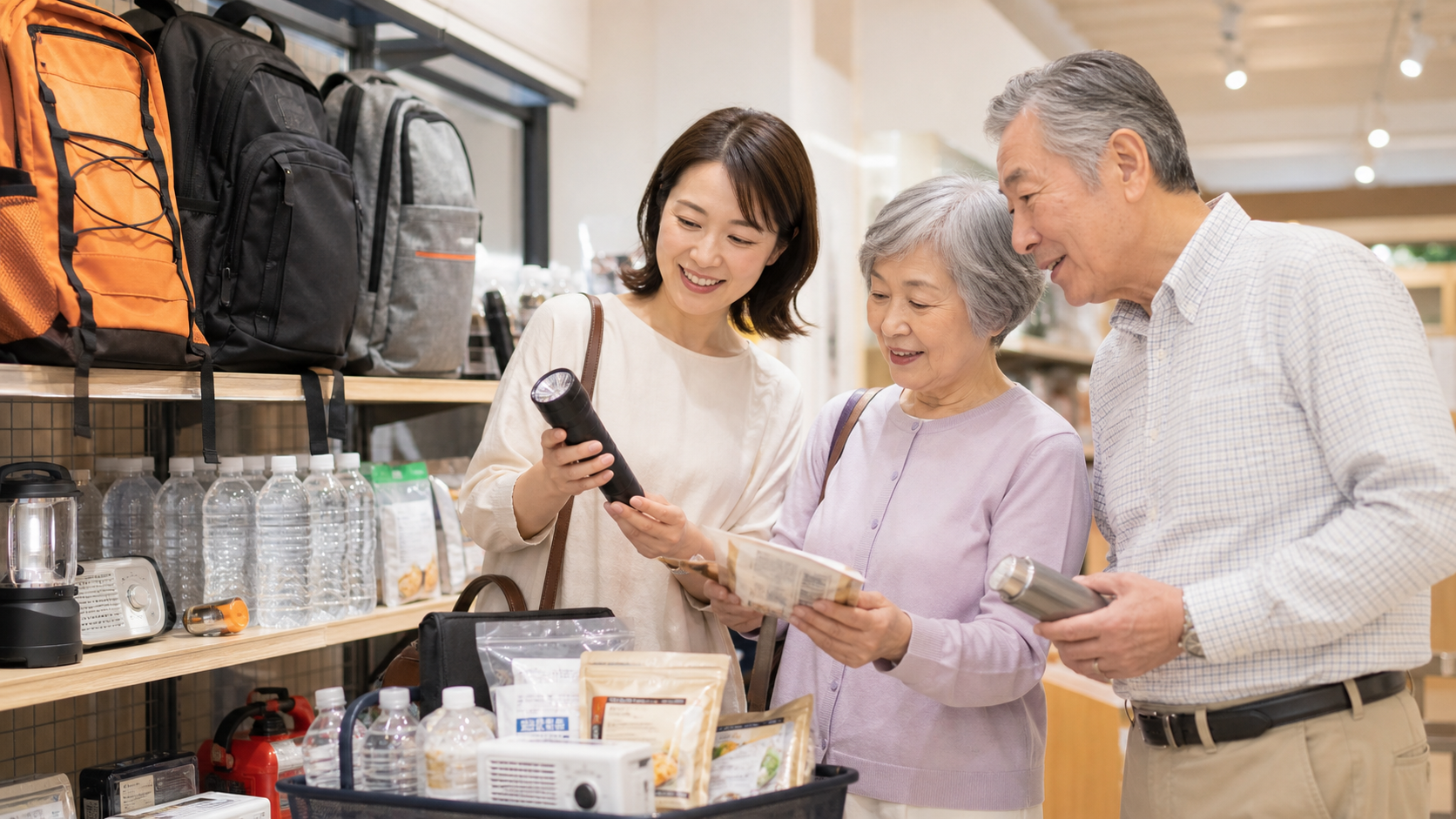 お店で女性と老夫婦が防災用品を選んでいる様子