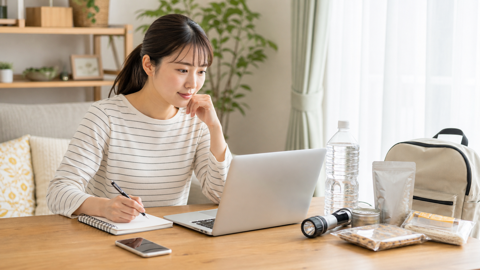 ネットショッピングをしながら防災用品の比較メモを取る女性