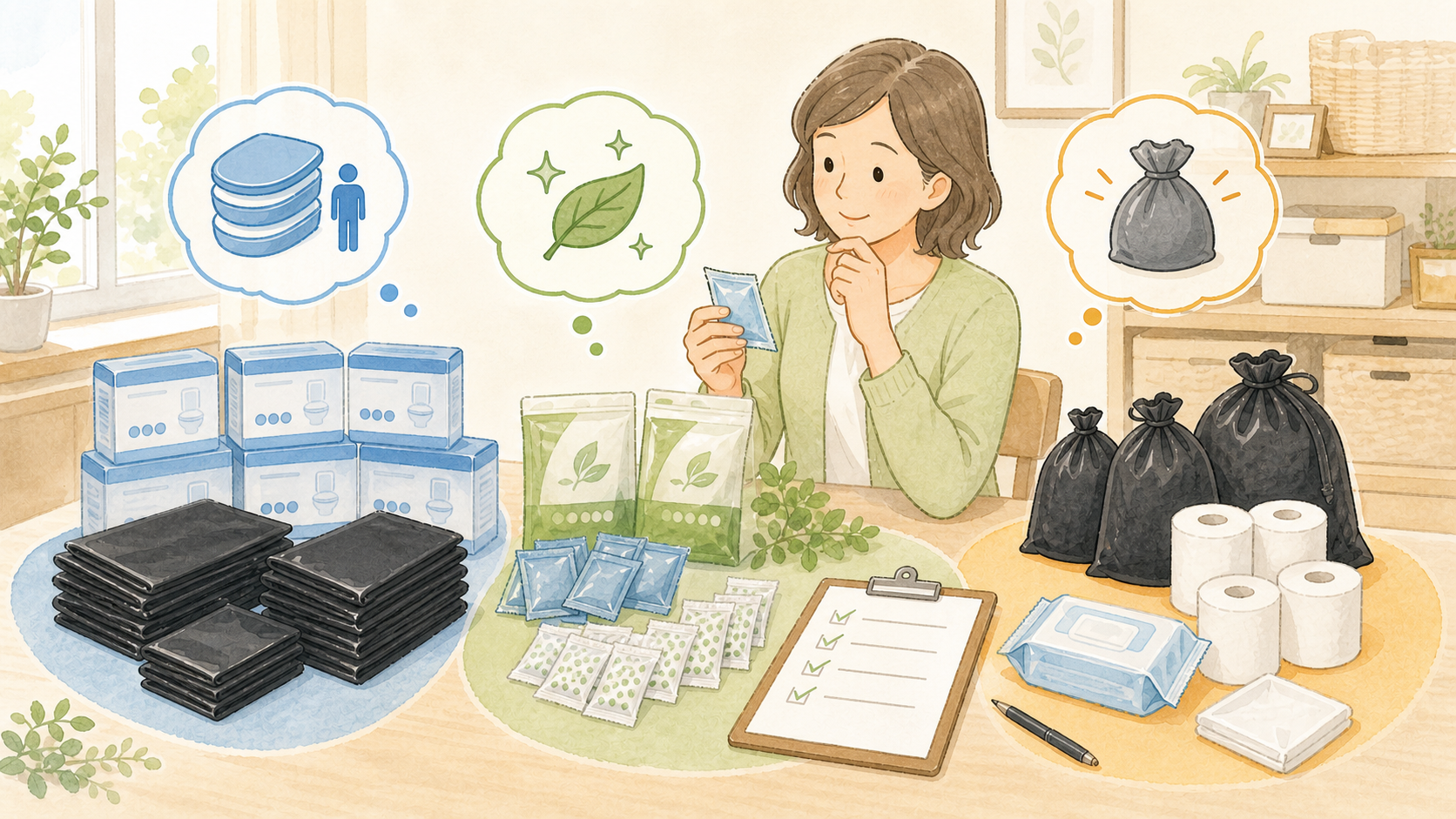簡易トイレ用品の回数、防臭、処理しやすさを比較しているイラスト