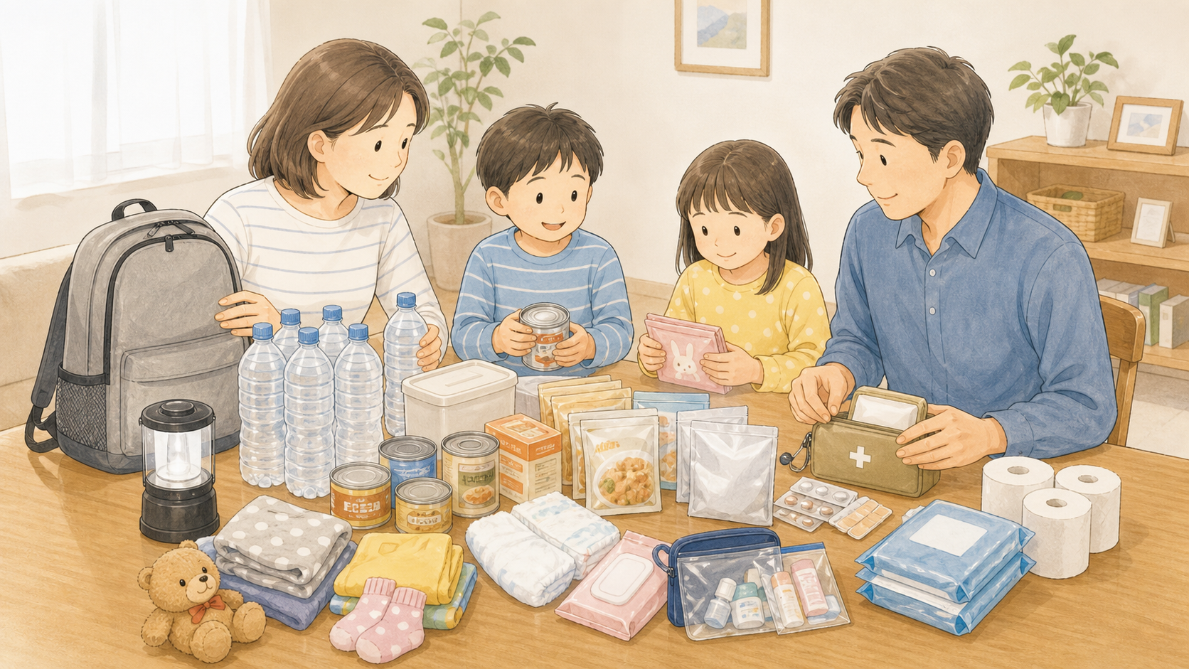 4人家族向けに人数分の防災用品と個別用品を分けて備えているイラスト