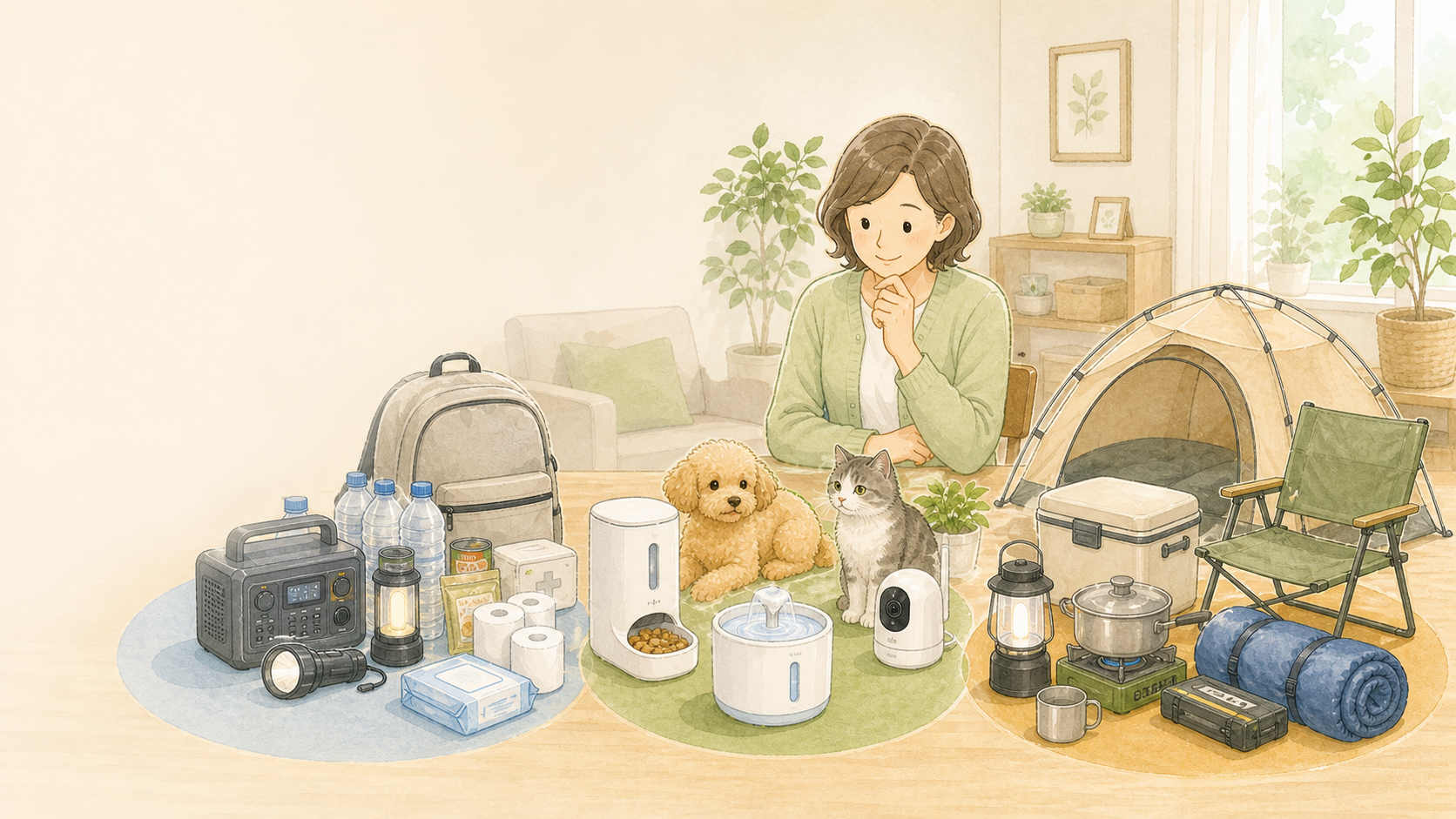 防災グッズ、ペット家電、アウトドア用品をやさしく整理したイラスト