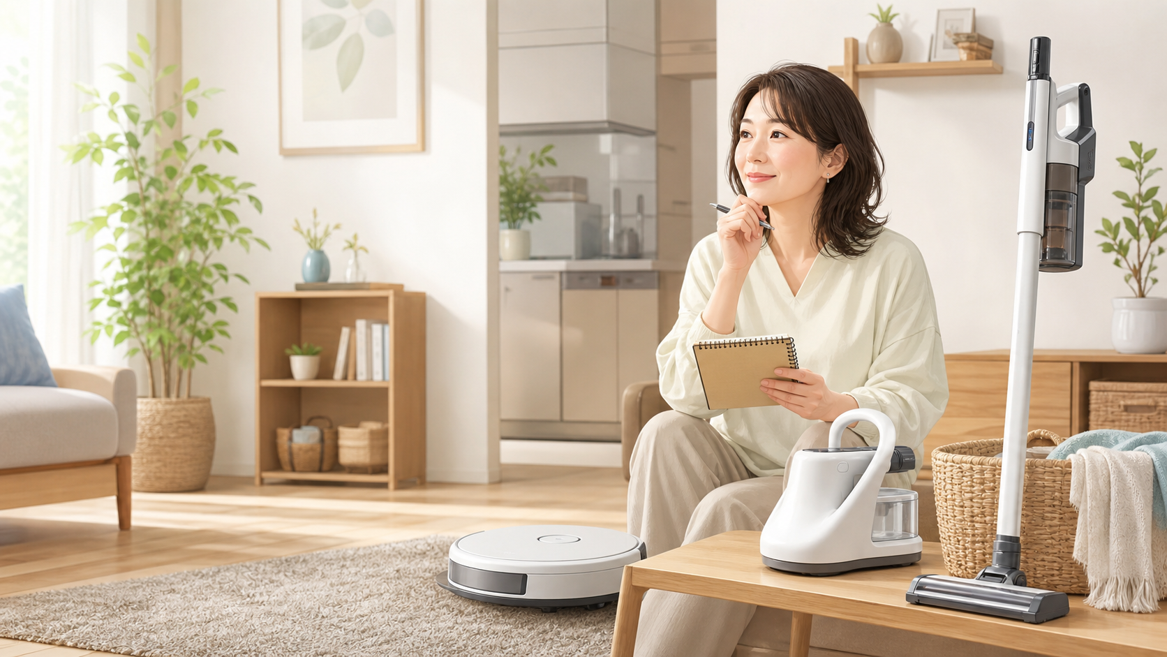 掃除・家事家電を部屋で選んでいる女性