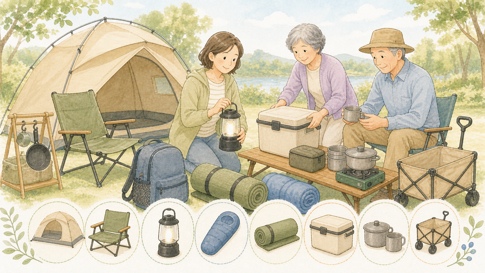はじめて選ぶアウトドア用品を並べて選んでいるイラスト