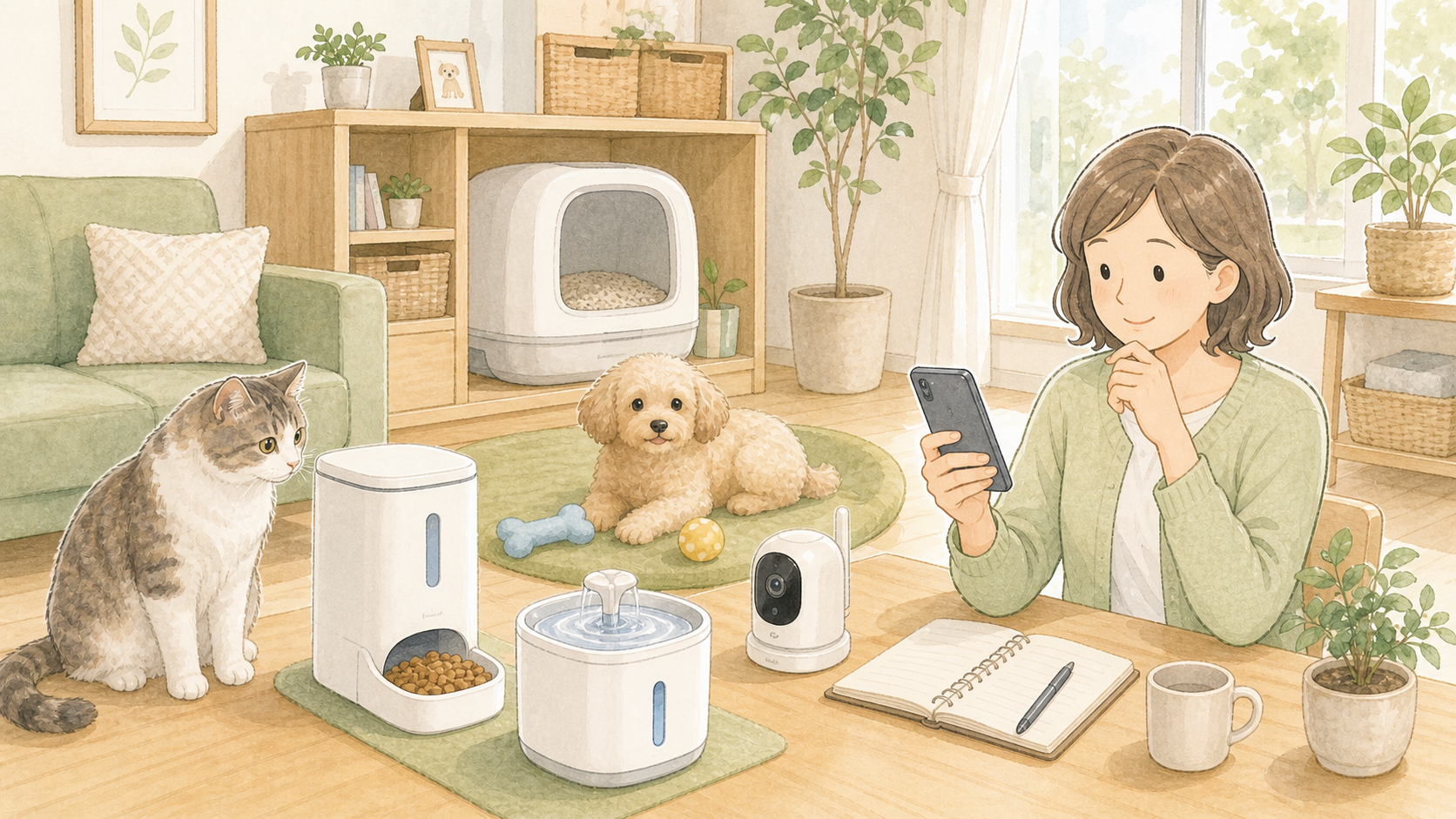 猫と犬のためのペット家電をチェックしているイラスト