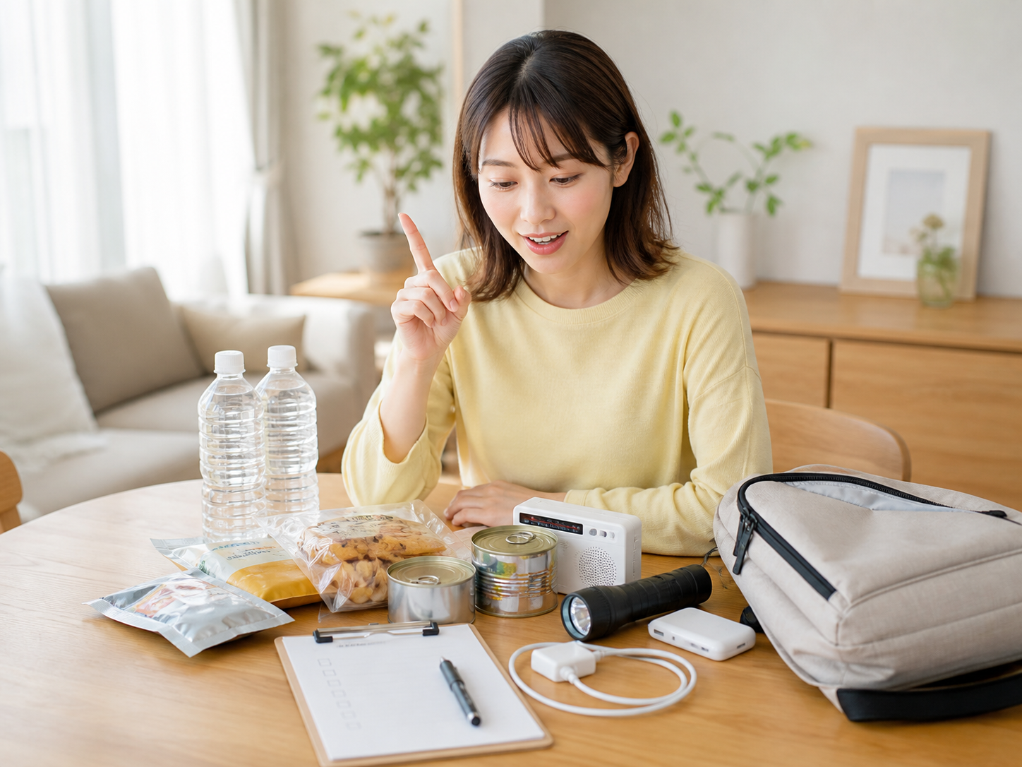 家の中にある防災用品を確認しながら納得している女性