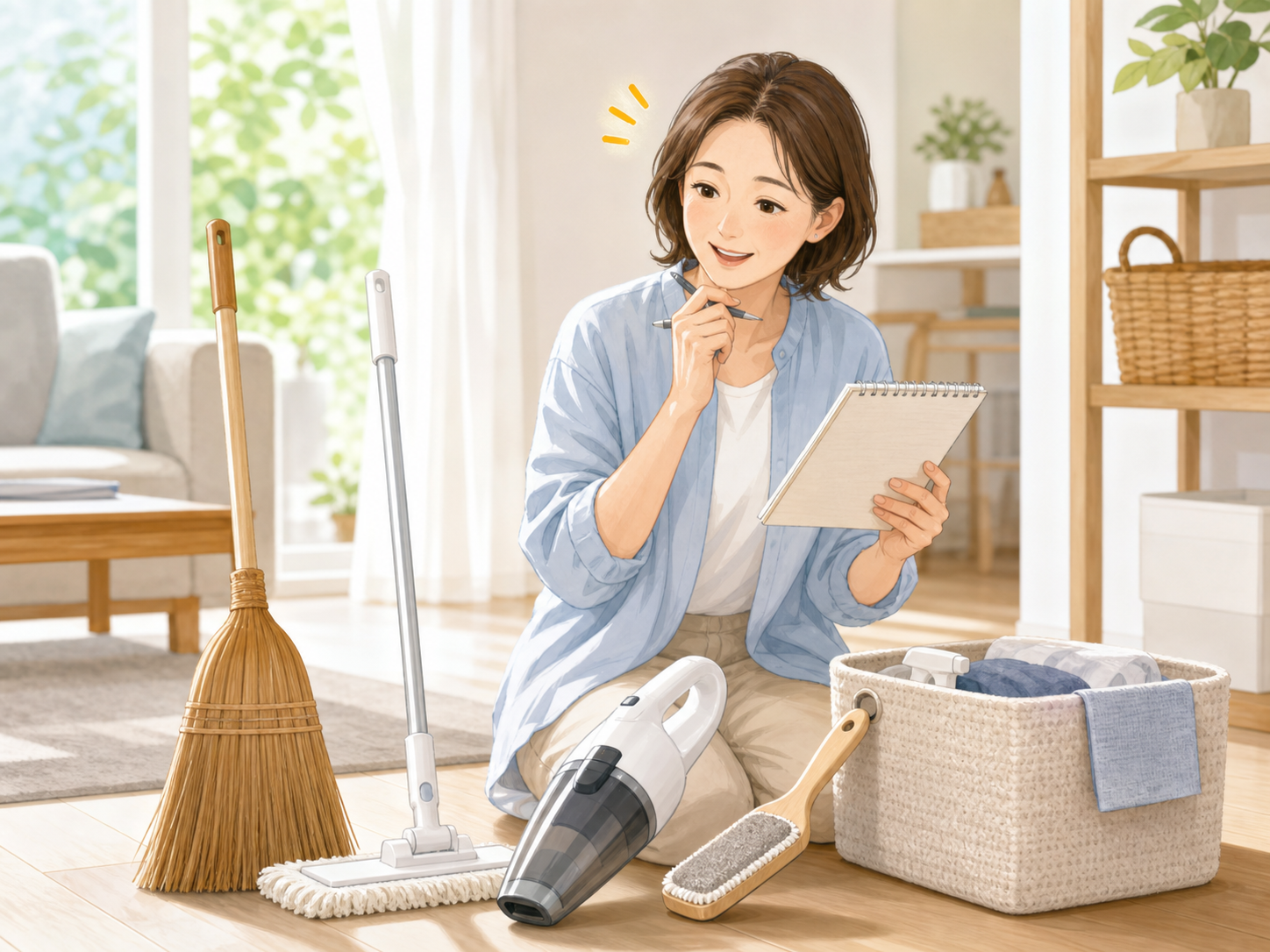 家の掃除用品を確認している女性