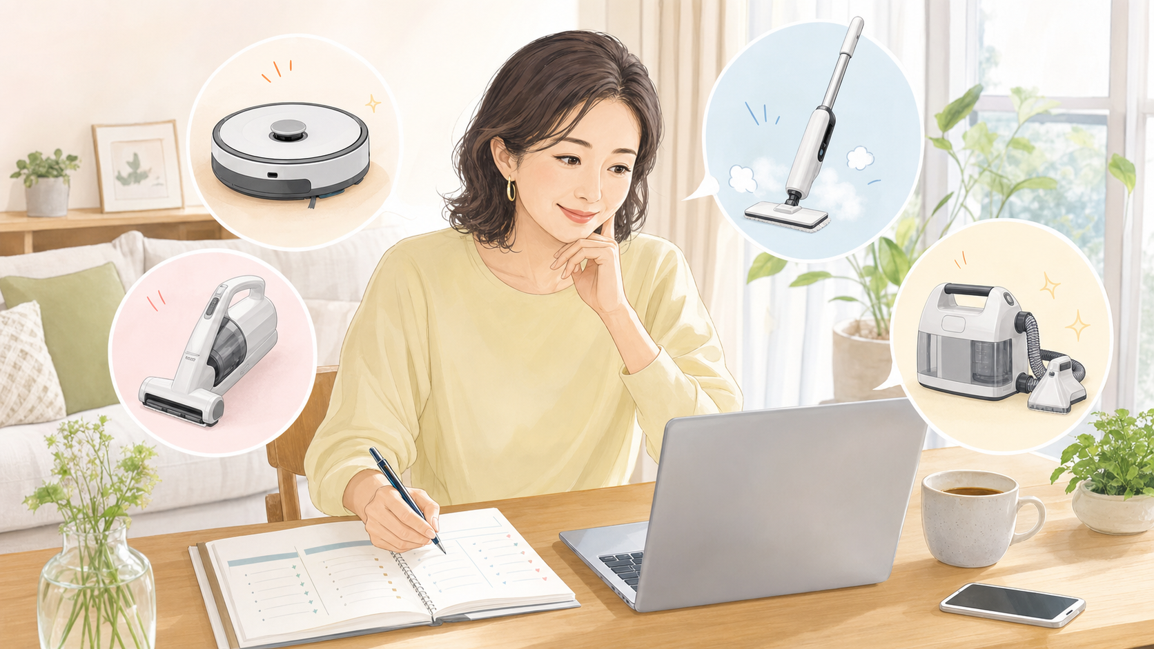 掃除家電をネットで比較しながらメモを取る女性
