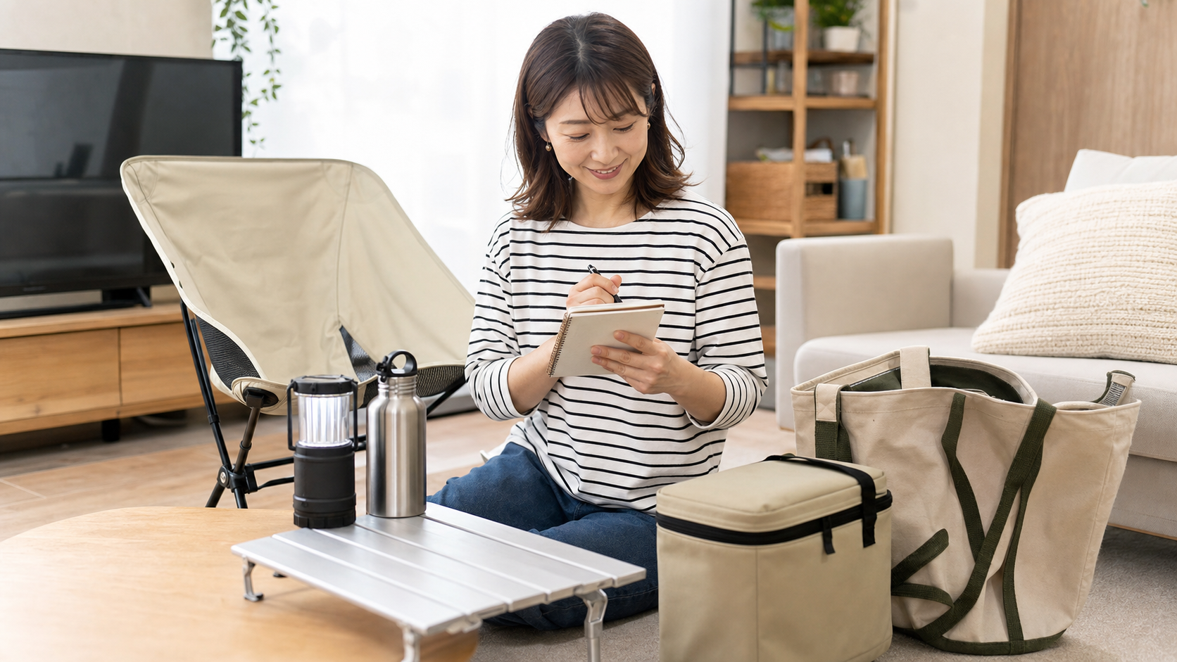 家の中でアウトドア用品を確認している女性