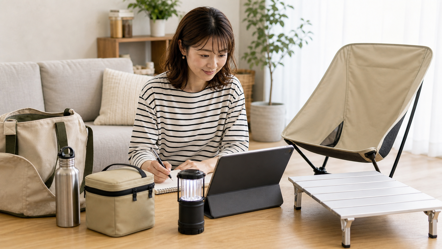 アウトドア用品をネットで比較しながらメモを取る女性