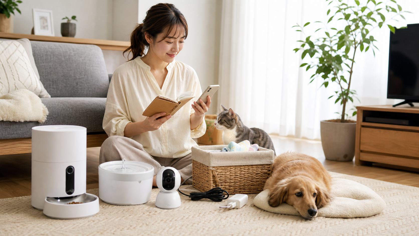 家の中でペット用品と留守番家電を確認している女性