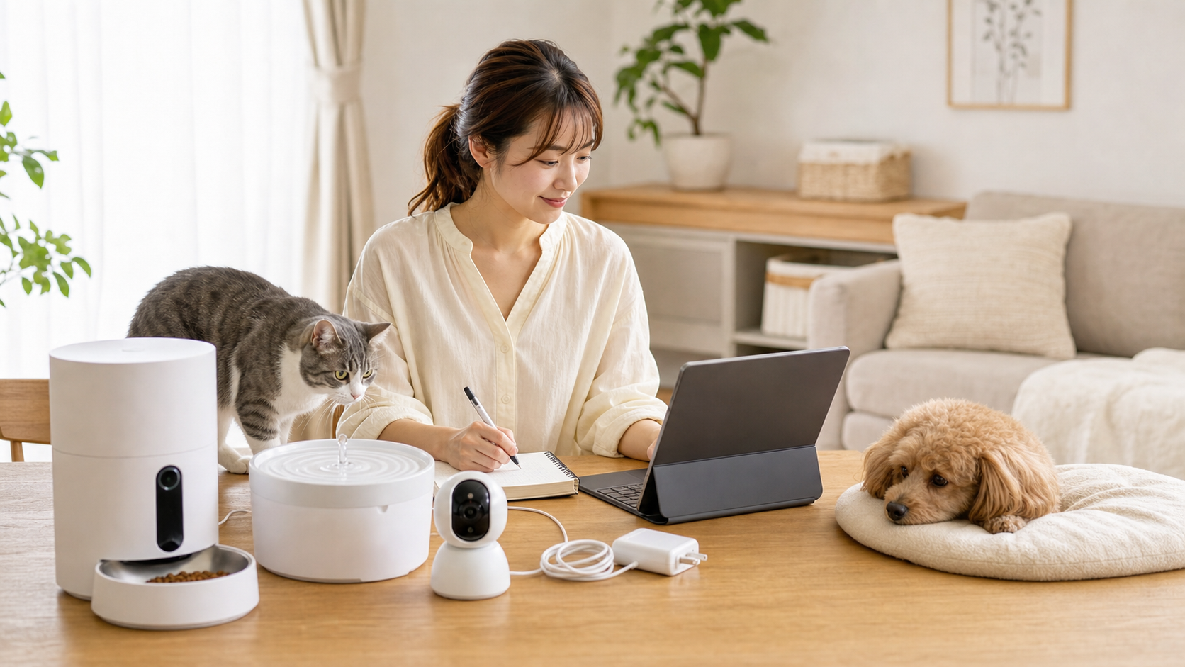 ペット家電をネットで比較しながらメモを取る女性