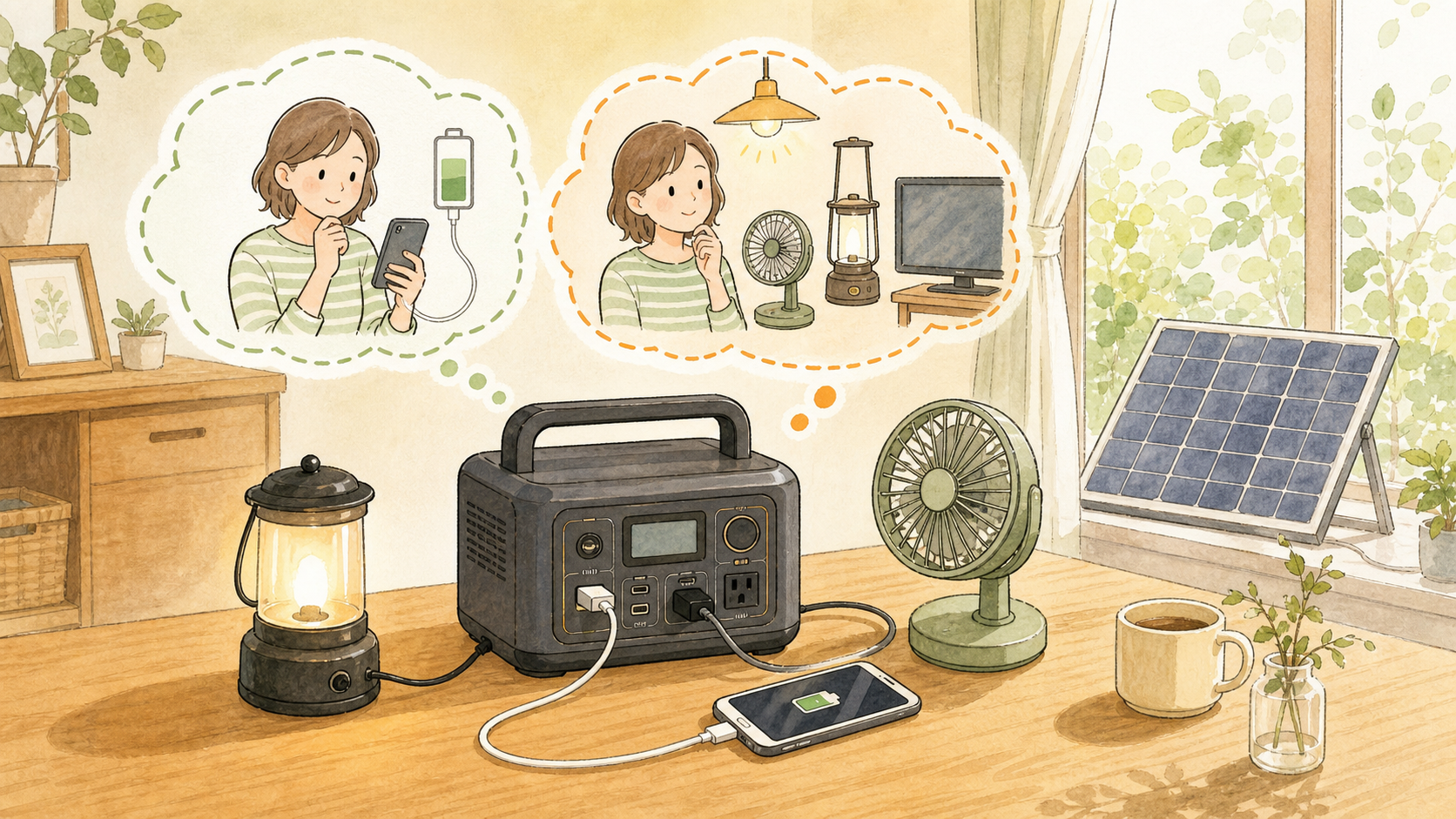 ポータブル電源でスマホや灯りを使う場面を比較しているイラスト