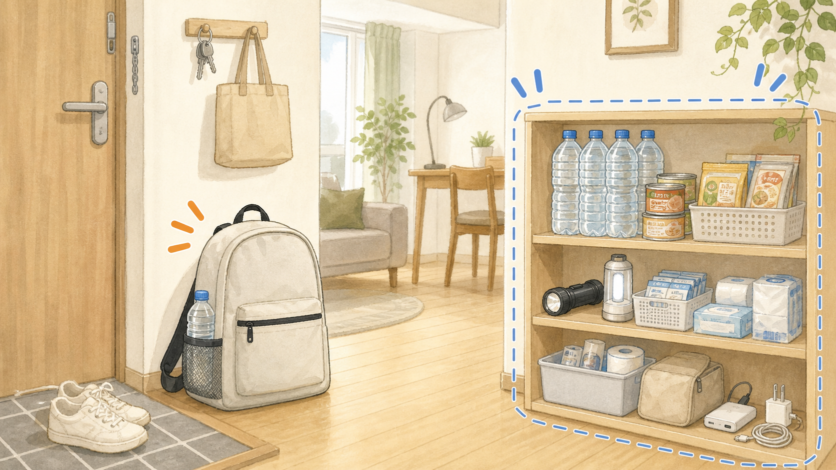 一人暮らしの部屋で持ち出し袋と部屋置き備蓄を分けているイラスト